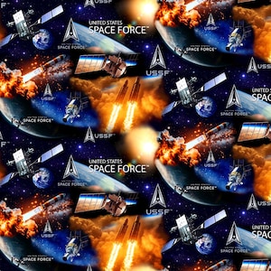 May include: A repeating pattern featuring a space theme with planets, rockets, satellites, and explosions. The text "UNITED STATES SPACE FORCE" and the USSF logo are visible throughout the design. The color palette includes blues, oranges, and whites.
