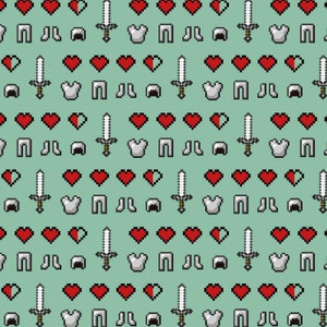 May include: A repeating pattern of pixel art icons on a light green background. The icons include red hearts, swords, armor, legs, and helmets.