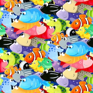 Puede incluir: Un patrón colorido de peces de dibujos animados con varios colores, formas y tamaños. Los peces nadan en un fondo azul.