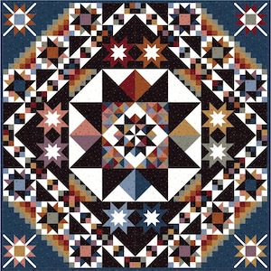 May include: A square quilt featuring a complex geometric pattern of stars and triangles. The design incorporates a dark blue border with white corner stars, surrounding a central arrangement of black, white, red, orange, and blue fabric pieces.