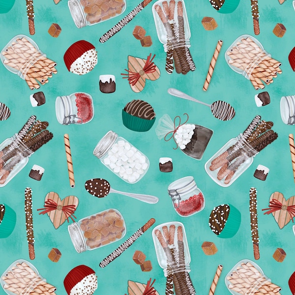 Wilmington Prints~Cocoa Sweet~Sweets Toss~Teal~Cotton Fabric by the Yard or Select Length 27673-713