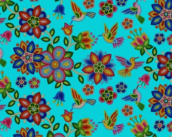 Elizabeths Studio Tucson Beaded Hummingbird Turquoise Cotton Fabric by the Yard or Select Length 640E-TURQUOISE