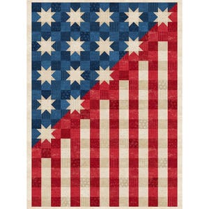 May include: A patriotic quilt featuring a blue and red design with white stars. The top left corner has a blue checkered pattern with white stars. The bottom right has red and white stripes. The quilt is a rectangular shape.