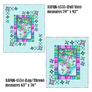 May include: Two quilts with floral designs. The larger quilt, labeled AAFQK-1535, measures 79" x 92". The smaller quilt, AAFQK-1534, measures 63" x 76". Both quilts feature a central floral panel framed by colorful borders and corner accents.