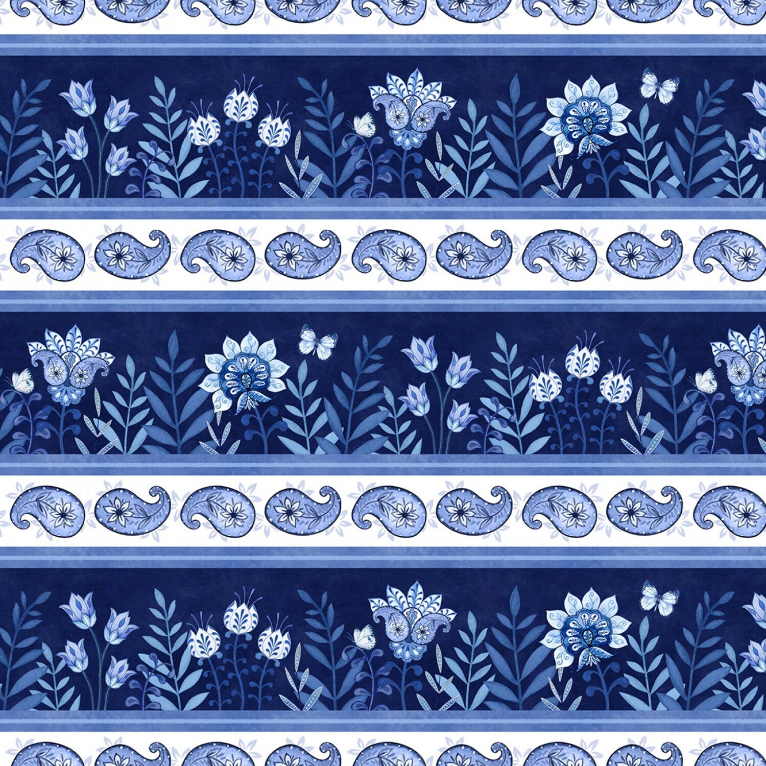 Wilmington Prints~Blooming Blue~Repeating Border Stripe~Multi~Cotton Fabric by the Yard or Select Length 27687-441
