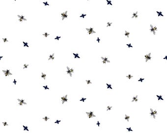 Tela de algodón blanca "Abejas y flores, por favor, abejas" de Riley Blake, cortada a medida o seleccione el largo C15136-WHITE