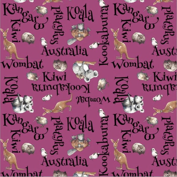 EOB~Quilting Treasures~Kiwis & Koalas~Word Toss~Digital~Raspberry~Cotton Fabric by the Yard or Select Length 28054-V
