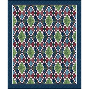May include: A quilt with a diamond pattern in shades of blue, green, red, and white. The diamonds feature various patterns, including polka dots, stripes, and floral designs.