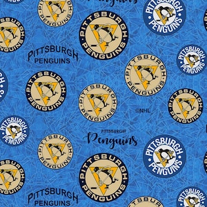 EOB~Enterprises~NHL Cottons~Pittsburgh Penguins Throwback Logo~Hockey~Blue~Cotton Fabric by the Yard or Select Length 1226-PEN