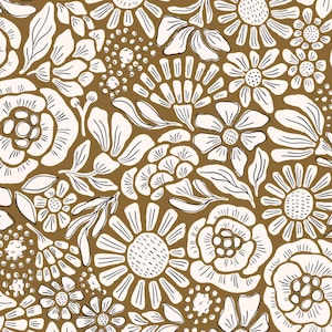 May include: A repeating pattern of white flowers and leaves with black outlines on a brown background. The floral design includes various flower shapes and sizes, creating a dense, all-over pattern. Suitable for fabric or wallpaper.