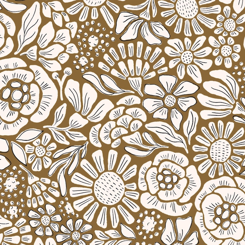 May include: A repeating pattern of white flowers and leaves with black outlines on a brown background. The floral design includes various flower shapes and sizes, creating a dense, all-over pattern. Suitable for fabric or wallpaper.