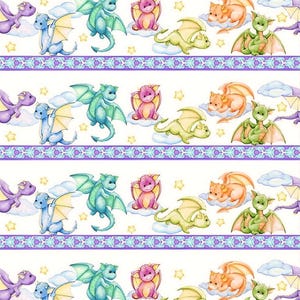 May include: A repeating pattern of colorful cartoon dragons on a white background. The dragons are in various colors, including blue, green, pink, and orange, with yellow wings. The design includes clouds, stars, and decorative purple borders.