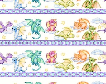 In The Beginning Dragon Friends Friendly Dragon Repeating Border Stripe Multi Color Cotton Fabric by the Yard or Select Length 3DF-1