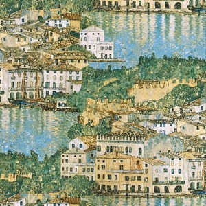 Robert Kaufman~Gustav Klimt~Lake Garda Coastal Village w/ Metallic Gold~Lake~Cotton Fabric by Select Length SRKM1865673
