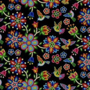 EOB~Elizabeths Studio~Tucson~Beaded Hummingbird~Black~Cotton Fabric by the Yard or Select Length 640E-BLACK
