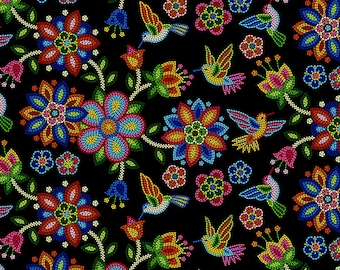 Elizabeths Studio Tucson Beaded Hummingbird Black Cotton Fabric by the Yard or Select Length 640E-BLACK