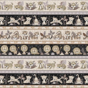 May include: A seamless pattern featuring a repeating design of brown and tan leopards, tigers, and lions with green leaves and brown branches on a beige and black striped background.