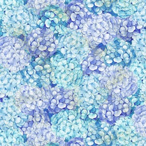 May include: A seamless pattern of blue and purple hydrangea flowers with gold accents. The floral design features a variety of shades, including light blue, teal, and lavender, creating a watercolor effect. The pattern is suitable for fabric or wallpaper.