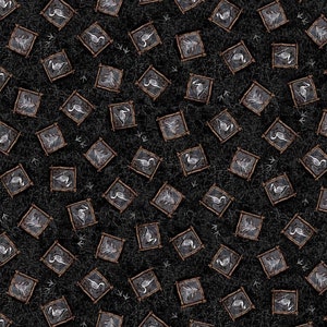 Puede incluir: Un patrón en blanco y negro con una imagen repetida de un pájaro en un marco. El marco está hecho de ramitas marrones y el fondo es gris oscuro.