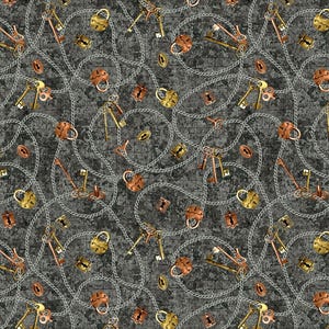 May include: A seamless pattern featuring silver chains, keys, and padlocks on a gray background. The design is reminiscent of a vintage, industrial aesthetic.