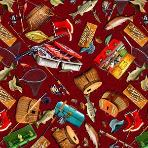 Michael Miller~Gefangenes Fischen~Fischerspaß~Digitales~Wine~Baumwollstoff Meterware oder Länge auswählen DCX11939-WINE