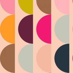 May include: A repeating pattern of colorful semi-circles in shades of pink, orange, brown, green, purple, and gray against a light peach background. The design is a modern, abstract geometric pattern.
