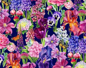 Northcott~Deborahs Garden~Large Packed Floral~Digital~Navy~Cotton Fabric by the Yard or Select Length DP25590-49