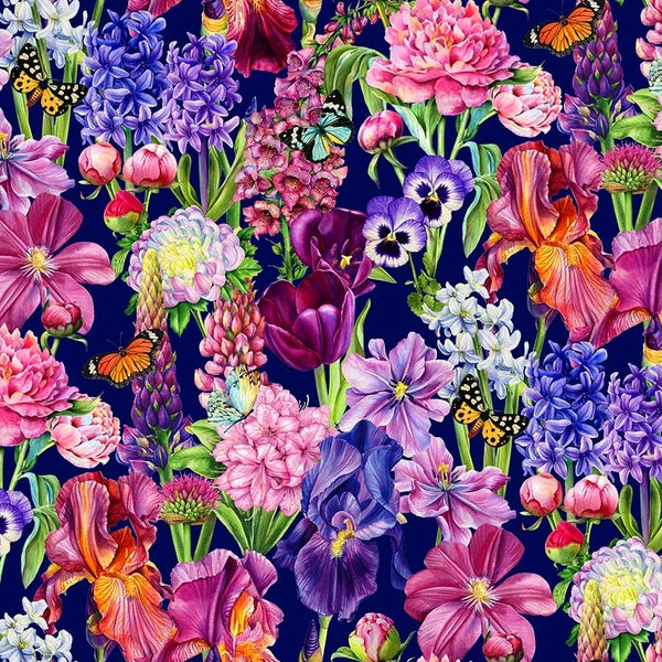 Northcott~Deborahs Garden~Large Packed Floral~Digital~Navy~Cotton Fabric by the Yard or Select Length DP25590-49