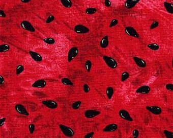 May include: A seamless pattern featuring a vibrant red background with a textured appearance. Scattered across the surface are numerous glossy black watermelon seeds, creating a playful and summery design. The pattern is suitable for various applications.