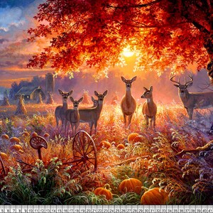 May include: A painting of a fall scene with a group of deer in a field with pumpkins and a rusty farm implement. The deer are brown and white and the pumpkins are orange. The background is a sunset with a red and orange sky.