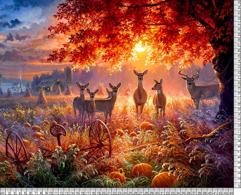 May include: A painting of a fall scene with a group of deer in a field with pumpkins and a rusty farm implement. The deer are brown and white and the pumpkins are orange. The background is a sunset with a red and orange sky.