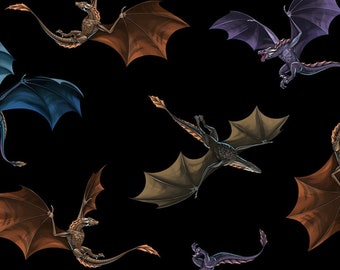 EOB EOB~Timeless Treasures~Dragons~Dragons Repeat~Black~Cotton Fabric by the Yard or Select Length C1376-BLACK