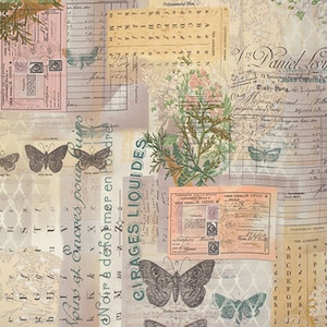 May include: A vintage-style patterned fabric with a collage of images, including butterflies, flowers, and handwritten text. The text includes the words "Cirages Liquides" and "Noirs à déformer en Poudre".