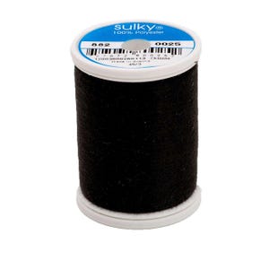 May include: A spool of black 100% polyester thread by Sulky. The top label is blue and white with the text Sulky, 100% Polyester, 882, 0025, a barcode, and the text Made in Austria 45/3. The spool has white plastic ends and a central hole.