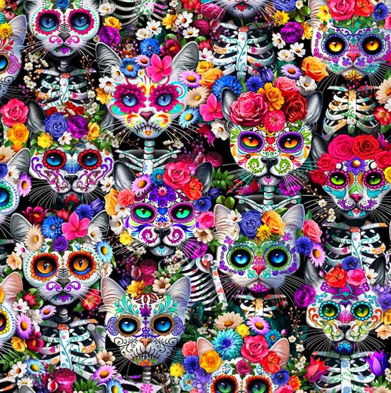 Timeless Treasures Day of the Dead Packed Cats and Floral Multi Cotton ...