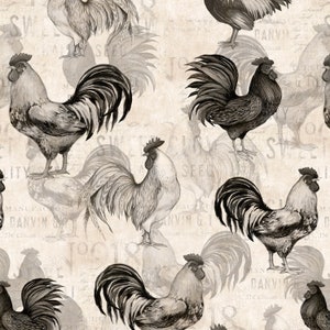 EOB~Wilmington Prints~Proud Rooster~Roosters All Over~Ivory/Black~Cotton Fabric by the Yard or Select Length 39766-199