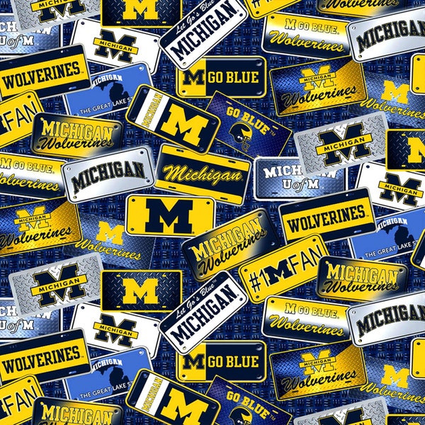 Sykel Enterprises~College Cottons~NCAA Univ of Michigan Wolverines~License Plate Cotton~Blue~Cotton Fabric by the Yard MCHG-1210