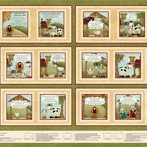 May include: A fabric panel featuring illustrated scenes with text. The scenes depict animals, people, and text bubbles with phrases like "I pray you saw what they saw" and "Do you see what I see?" The panel has a green background.