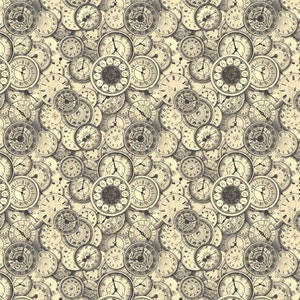 May include: A seamless pattern featuring a vintage aesthetic with numerous antique clock faces in various sizes and styles. The clocks are in shades of brown, beige, and white, creating a cohesive and timeless design.