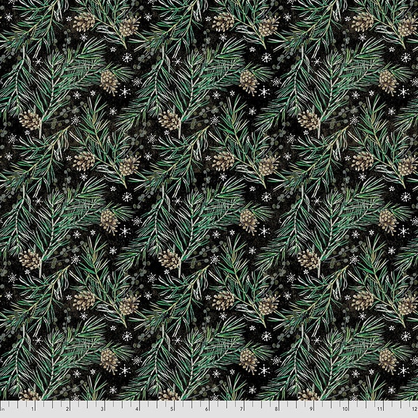 Esprit libre ~ Noël par Tim Holtz ~ Branches de pin ~ Noir ~ Tissu en coton par cour ou longueur sélectionnée PWTH169-BLACK