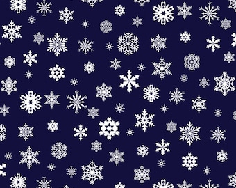 May include: A seamless pattern of white snowflakes on a dark blue background. The snowflakes are of various sizes and shapes, creating a festive and wintry design.