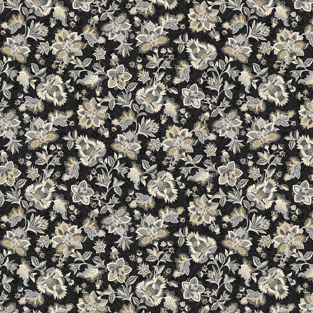 Michael Miller Hampton Court Jacobean Blossom Black Cotton Fabric by ...