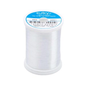 May include: A spool of clear, 100% polyester Sulky thread. The white label on top features the brand name, the text 'Use 75-90 Top Stitch Needle', the number 232, the number 2001, a barcode, and the text 'Made in Italy CA 45688'.