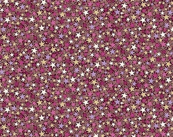 May include: A repeating pattern of stars in various sizes and colors, including white, gold, and purple, against a deep magenta background. The stars are interspersed with swirling, decorative lines, creating a whimsical and festive design.