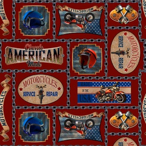 May include: A red background with a repeating pattern of motorcycle themed images. The images include motorcycles, helmets, wrenches, and American flags. The text "Classic American Made" and "Motorcycles Service Repair" are also included in the pattern.