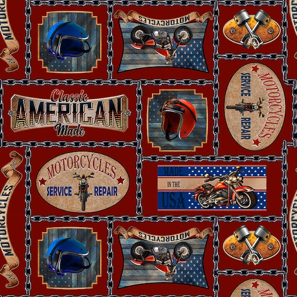 Blank Quilting~Live to Ride~Motorcycle Patch~Red~Cotton Fabric by the Yard or Select Length 2558-88