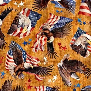 May include: A repeating pattern featuring bald eagles, American flags, and stars in red, white, and blue. The eagles are depicted with outstretched wings, holding or surrounded by the flag, set against a textured brown background.