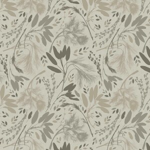 May include: A seamless pattern featuring botanical elements in shades of beige, taupe, and gray. The design includes stylized leaves, sprigs, and delicate floral silhouettes, creating a natural and organic aesthetic. The pattern is suitable for fabric, wallpaper, or surface design.