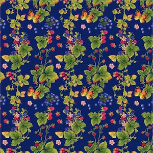 May include: A seamless pattern featuring a repeating design of green leaves, blackberries, pink flowers, and orange butterflies on a dark blue background.