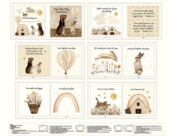 May include: A fabric panel featuring watercolor illustrations with text. The artwork includes images of bunnies, hot air balloons, rainbows, and barns. Text includes phrases like "You are my sunshine" and Bible verses.